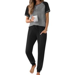 Ekouaer Womens Jogger Pajamas Sets 2 Piece Raglan Short Sleeve Pjs Lounge Set Soft Sleepwear with Pockets S-XXL(Grey)