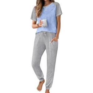 Ekouaer Womens Jogger Pajamas Sets 2 Piece Raglan Short Sleeve Pjs Lounge Set Soft Sleepwear with Pockets S-XXL(Light Blue)
