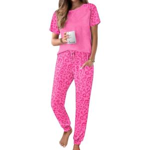 Ekouaer Womens Jogger Pajamas Sets 2 Piece Raglan Short Sleeve Pjs Lounge Set Soft Sleepwear with Pockets S-XXL(Pink Leopard)