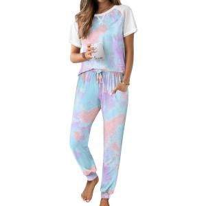 Ekouaer Womens Jogger Pajamas Sets 2 Piece Raglan Short Sleeve Pjs Lounge Set Soft Sleepwear with Pockets S-XXL(Tie-dye Blue)