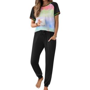 Ekouaer Womens Jogger Pajamas Sets 2 Piece Raglan Short Sleeve Pjs Lounge Set Soft Sleepwear with Pockets S-XXL(Tie-dye Green)