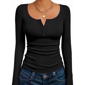 Ekouaer Women’s Long Sleeve Henley T Shirts Fall Button Tops Slim Fit Casual Blouse Soft Thermal Undershirts(Black)