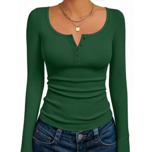 Ekouaer Women’s Long Sleeve Henley T Shirts Fall Button Tops Slim Fit Casual Blouse Soft Thermal Undershirts(Green)