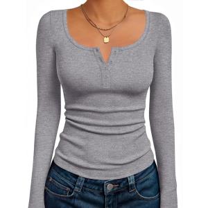 Ekouaer Women’s Long Sleeve Henley T Shirts Fall Button Tops Slim Fit Casual Blouse Soft Thermal Undershirts(Light Gray)