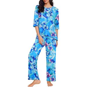 Ekouaer Womens Lounge Sets 2 Piece Pajamas Sets 3/4 Sleeve Tops and Long Pants Soft Pjs Loungewear with Pockets(Blue Floral Print)