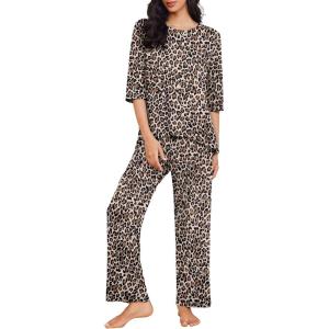 Ekouaer Womens Lounge Sets 2 Piece Pajamas Sets 3/4 Sleeve Tops and Long Pants Soft Pjs Loungewear with Pockets(Brown Leopard)