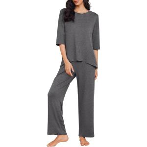 Ekouaer Womens Lounge Sets 2 Piece Pajamas Sets 3/4 Sleeve Tops and Long Pants Soft Pjs Loungewear with Pockets(Dark Grey)