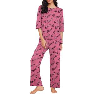 Ekouaer Womens Lounge Sets 2 Piece Pajamas Sets 3/4 Sleeve Tops and Long Pants Soft Pjs Loungewear with Pockets(Love Print)
