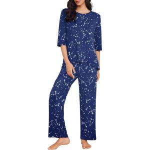 Ekouaer Womens Lounge Sets 2 Piece Pajamas Sets 3/4 Sleeve Tops and Long Pants Soft Pjs Loungewear with Pockets(Navy Star)