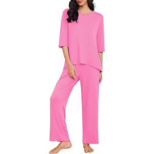 Ekouaer Womens Lounge Sets 2 Piece Pajamas Sets 3/4 Sleeve Tops and Long Pants Soft Pjs Loungewear with Pockets(Pink)