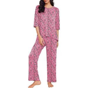 Ekouaer Womens Lounge Sets 2 Piece Pajamas Sets 3/4 Sleeve Tops and Long Pants Soft Pjs Loungewear with Pockets(Pink Heart)