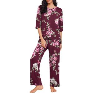 Ekouaer Womens Lounge Sets 2 Piece Pajamas Sets 3/4 Sleeve Tops and Long Pants Soft Pjs Loungewear with Pockets(Red Floral Print)