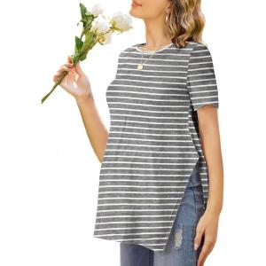 Ekouaer Women’s Maternity Shirts Short Sleeve Pregnancy Tops Blouses Split Side Casual Crewneck Pregnant Tunic Tee(Dark Grey Striped)