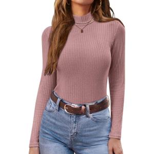 Ekouaer Women’s Mock Turtleneck Long Sleeve Shirts Ribbed Knit Lightweight Pullover Sweater Stretch Fitted Thermal Top(Dusty Pink)