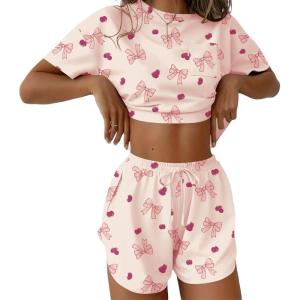 Ekouaer Womens Pajama Sets Sexy Lounge Sets Side Split Short Pj Sets Cute Pjs 2 Piece Comfy Sleepwear Loungewear(Bow and Raspberry)