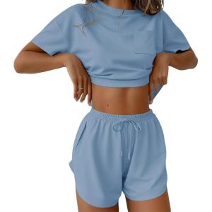 Ekouaer Womens Pajama Sets Sexy Lounge Sets Side Split Short Pj Sets Cute Pjs 2 Piece Comfy Sleepwear Loungewear(Light Blue)
