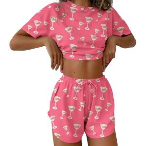 Ekouaer Womens Pajama Sets Sexy Lounge Sets Side Split Short Pj Sets Cute Pjs 2 Piece Comfy Sleepwear Loungewear(Martini Glass)