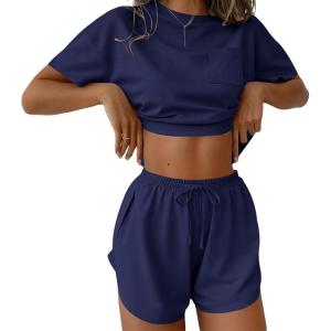 Ekouaer Womens Pajama Sets Sexy Lounge Sets Side Split Short Pj Sets Cute Pjs 2 Piece Comfy Sleepwear Loungewear(Navy Blue)