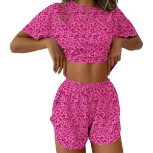 Ekouaer Womens Pajama Sets Sexy Lounge Sets Side Split Short Pj Sets Cute Pjs 2 Piece Comfy Sleepwear Loungewear(Pink Leopard)