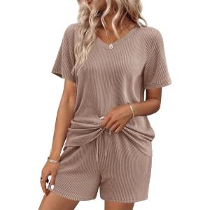 Ekouaer Womens Pajama Sets Short Sleeve Knit Lounge Set 2 Piece Pj Sets for Women V Neck Casual Loungewear(Dust Pink)