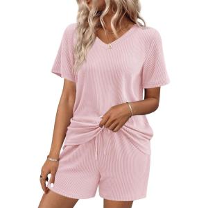 Ekouaer Womens Pajama Sets Short Sleeve Knit Lounge Set 2 Piece Pj Sets for Women V Neck Casual Loungewear(Pink)