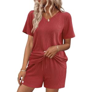 Ekouaer Womens Pajama Sets Short Sleeve Knit Lounge Set 2 Piece Pj Sets for Women V Neck Casual Loungewear(Red)