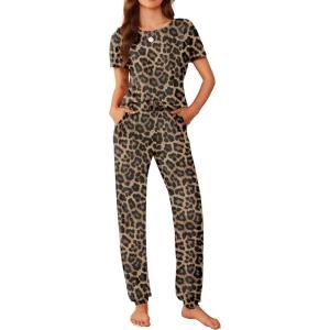 Ekouaer Womens Pajama Sets Short Sleeve Lounge Sets for Women Printed Jogger Pajama Set 2 Piece Pj Sets With Pockets S-XXL(Brown Leopard Print)