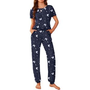 Ekouaer Womens Pajama Sets Short Sleeve Lounge Sets for Women Printed Jogger Pajama Set 2 Piece Pj Sets With Pockets S-XXL(Butterfly)