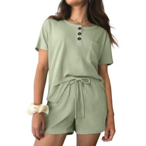 Ekouaer Womens Pajama Sets Short Sleeve Ribbed Knit Pjs Soft Summer Sleepwear 2 Piece Lounge Sets(Light Green)