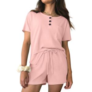 Ekouaer Womens Pajama Sets Short Sleeve Ribbed Knit Pjs Soft Summer Sleepwear 2 Piece Lounge Sets(Light Pink)