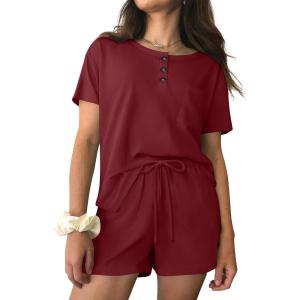 Ekouaer Womens Pajama Sets Short Sleeve Ribbed Knit Pjs Soft Summer Sleepwear 2 Piece Lounge Sets(Wine Red)