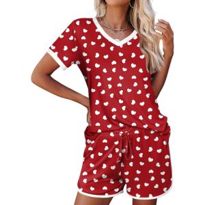 Ekouaer Womens Pajama Short Sets Lounge Sets for Women 2 Piece Soft Pjs Set Casual V Neck Sleepwear with Pockets(00 Red Love)