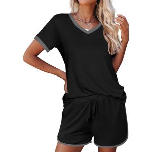 Ekouaer Womens Pajama Short Sets Lounge Sets for Women 2 Piece Soft Pjs Set Casual V Neck Sleepwear with Pockets(Black)