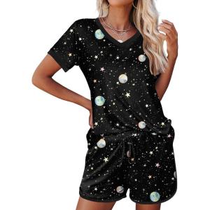 Ekouaer Womens Pajama Short Sets Lounge Sets for Women 2 Piece Soft Pjs Set Casual V Neck Sleepwear with Pockets(Planet Starry Sky)