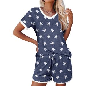 Ekouaer Womens Pajama Short Sets Lounge Sets for Women 2 Piece Soft Pjs Set Casual V Neck Sleepwear with Pockets(Stars-blue)