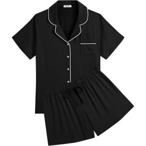 Ekouaer Womens Pajamas Set Soft Classic Notch Collar Bride Pjs Comfy Short Sleeve Sleepwear Loungewear(Black)