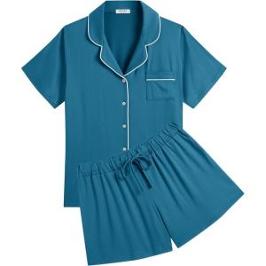 Ekouaer Womens Pajamas Set Soft Classic Notch Collar Bride Pjs Comfy Short Sleeve Sleepwear Loungewear(Blue-green)