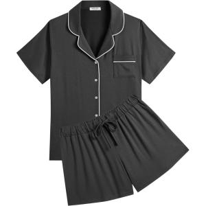 Ekouaer Womens Pajamas Set Soft Classic Notch Collar Bride Pjs Comfy Short Sleeve Sleepwear Loungewear(Dark Gray)