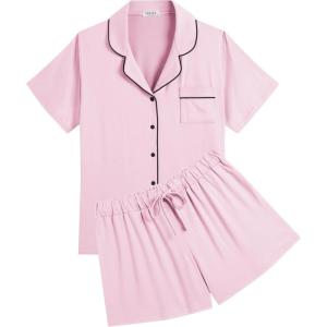 Ekouaer Womens Pajamas Set Soft Classic Notch Collar Bride Pjs Comfy Short Sleeve Sleepwear Loungewear(Dark Pink)