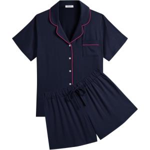 Ekouaer Womens Pajamas Set Soft Classic Notch Collar Bride Pjs Comfy Short Sleeve Sleepwear Loungewear(Navy Blue)