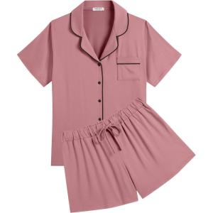 Ekouaer Womens Pajamas Set Soft Classic Notch Collar Bride Pjs Comfy Short Sleeve Sleepwear Loungewear(Pale Violet Red)