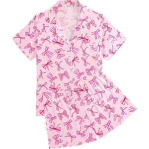 Ekouaer Womens Pajamas Set Soft Classic Notch Collar Bride Pjs Comfy Short Sleeve Sleepwear Loungewear(Pink Bow)