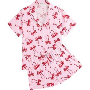 Ekouaer Womens Pajamas Set Soft Classic Notch Collar Bride Pjs Comfy Short Sleeve Sleepwear Loungewear(Red Bow)