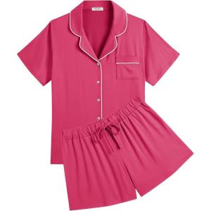 Ekouaer Womens Pajamas Set Soft Classic Notch Collar Bride Pjs Comfy Short Sleeve Sleepwear Loungewear(Rose Red)