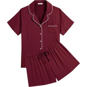 Ekouaer Womens Pajamas Set Soft Classic Notch Collar Bride Pjs Comfy Short Sleeve Sleepwear Loungewear(Wine Red)