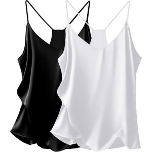 Ekouaer Womens Satin Cami Tops 2 Pack V Neck Silk Camisole Tank Top Spaghetti Strap Racerback Camis Blouse Shirt(Black/White)