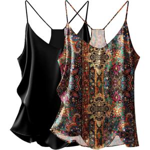 Ekouaer Womens Satin Cami Tops 2 Pack V Neck Silk Camisole Tank Top Spaghetti Strap Racerback Camis Blouse Shirt(Brown Ethnic Style/Black)
