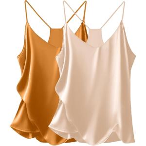 Ekouaer Womens Satin Cami Tops 2 Pack V Neck Silk Camisole Tank Top Spaghetti Strap Racerback Camis Blouse Shirt(Champagne/Khaki)