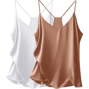 Ekouaer Womens Satin Cami Tops 2 Pack V Neck Silk Camisole Tank Top Spaghetti Strap Racerback Camis Blouse Shirt(Khaki/White)
