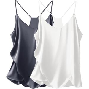 Ekouaer Womens Satin Cami Tops 2 Pack V Neck Silk Camisole Tank Top Spaghetti Strap Racerback Camis Blouse Shirt(White/Grey)